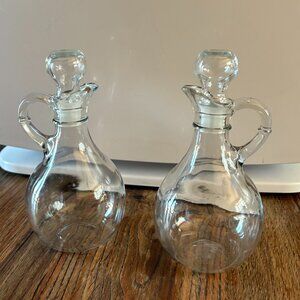 Vintage Clear Glass Oil and Vinegar Cruet Pitchers with Stoppers 7"-Like New